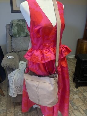 Blush Pink Genuine Leather Crossbody Bag | Boho Braided Weave Purse with Antique